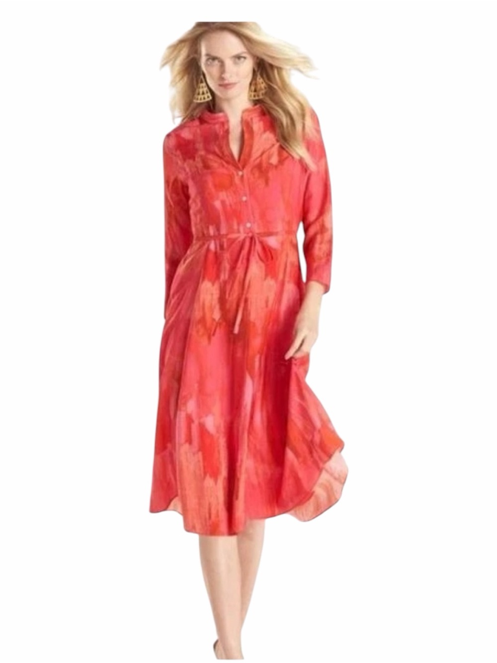 Natori Washed Stripe Dress vibrant red and orange floral/abstract pattern 10